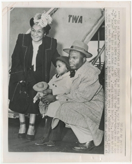 1950 Jackie Robinson with Son and Mother in Law Wire Photograph Taken During Filming of "The Jackie Robinson Story"